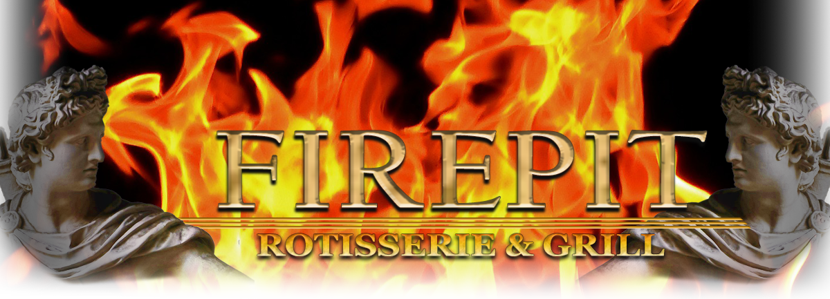 Firepit header logo. Word Firepit in the middle and the words Rotisserie and Grill written underneath. Two greak statues on either side.