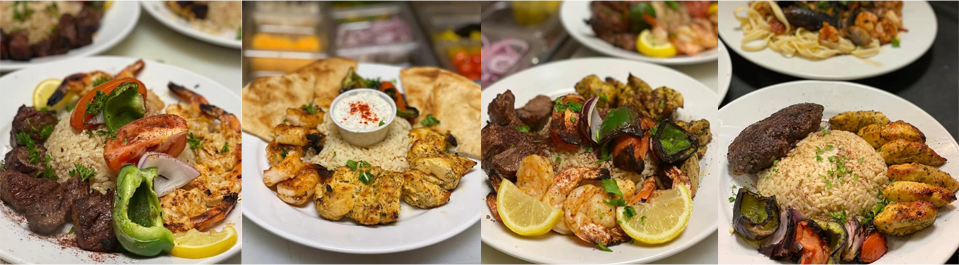 Four plates of kabobs. 1st is beef and shrimp. 2nd is chicken and shrimp. 3rd is beef, shrimp and chicken. 4th is beef kefta and chicken.