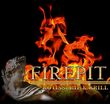 Firepit header logo. Word Firepit in the middle and the words Rotisserie and Grill written underneath. Two greak statues on either side.