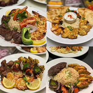 Four plates of kabobs. 1st is beef and shrimp. 2nd is chicken and shrimp. 3rd is beef, shrimp and chicken. 4th is beef kefta and chicken.
