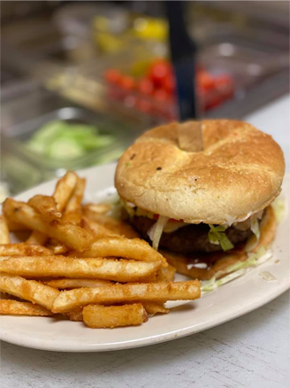 A plate with a hamburger on a bun and french fries on the side.
